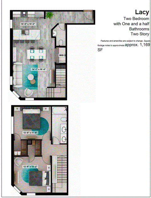 a floor plan of two bedrooms with one bathroom and a hallway with two sofas